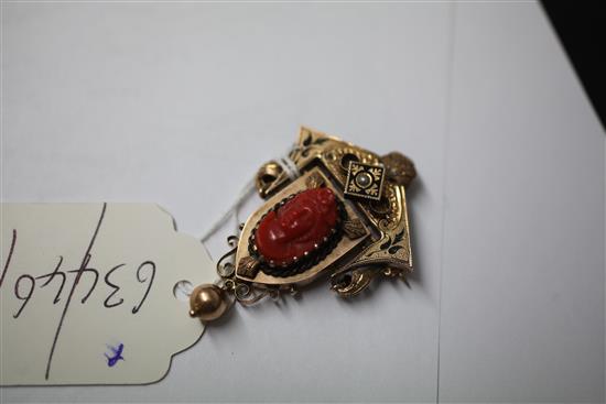 A Victorian gold, split pearl, black enamel and coral set drop pendant brooch, overall 2in.